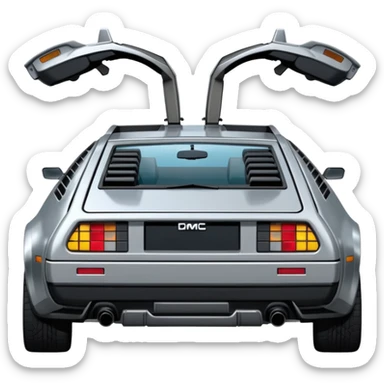 Silver DMC 12 Delorean, closed doors, backside view sticker