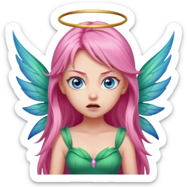 Blue eyes, long pink hair, pink wing fairy in green dress: anger sticker