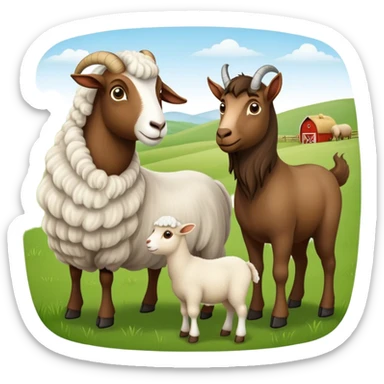 Icon for Domestic Hooved Animals: A gentle collage featuring a brown goat with large, curious eyes, a calm sheep with soft wool, and a majestic horse with a flowing mane. Background with a green pasture and a few hay bales. Transparent background. sticker