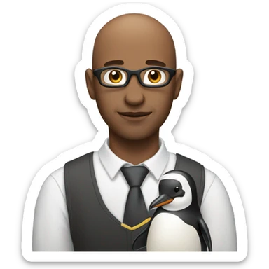 Bald brown man with a penguin sticker