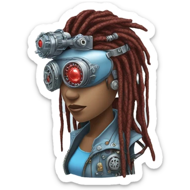 Light blue long dreadlocks female cyborg head with red steampunk goggles and circuits sticker