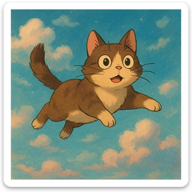 flying cat with expressive eyes in a dreamy sky background in ghibli style sticker
