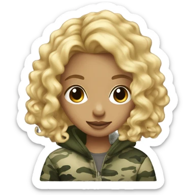 blonde girl long ringlet curls wearing camo hoodie  sticker
