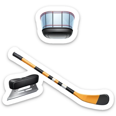 Please, make An icon featuring close-up shots of key hockey equipment: a hockey stick, puck, and skates. The background shows a packed stadium with cheering fans, bright arena lights, and an icy rink. Transparent background highlights the essentials of the game and the thrill of the sport. sticker