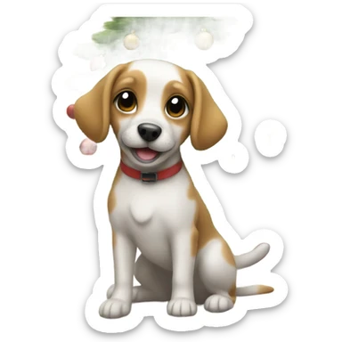 Little Dog next to Christmas tree smiling sticker