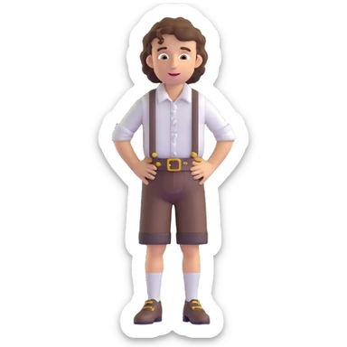 German person with brown curly hair in typical Bavarian clothing (lederhosen) shrugging and looking lost sticker