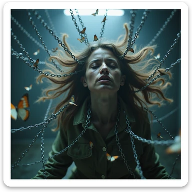 A hyperrealistic 4K image of a woman in zero gravity with hair swirling in confusion, chains of anxiety wrapped around her, face overwhelmed by anxiety, butterflies struggling inside the chains, cold harsh light, atmosphere saturated with anxiety. sticker