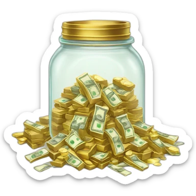 A clear jar overflowing with stacks of cash and gold  sticker