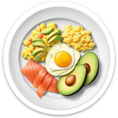 Breakfast plate with sliced avocado, scrambled-eggs and smoked salmon sticker
