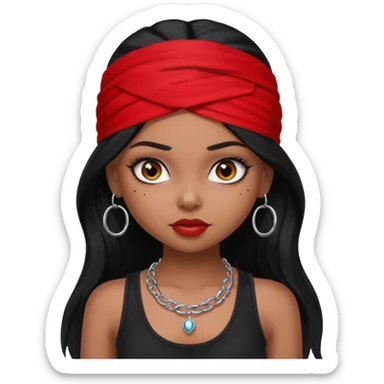 a pretty bratz dusky girl with long black hair, kajal under eyes, small silver hoop. black tank top on. Red bandana on sticker