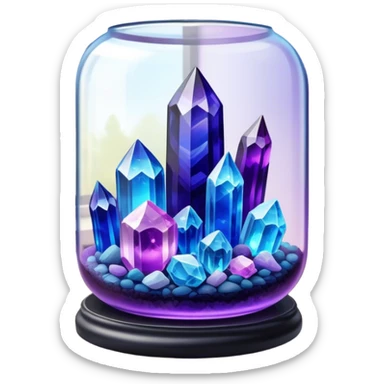 Close-up of vibrant crystals growing in a glass container on a table, with various colors like purple, blue, and clear. Some crystals are larger, while others are still forming. Soft light highlights their natural beauty. Background with a cozy indoor setting. sticker
