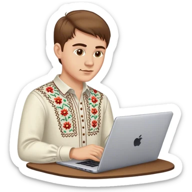 A Ukrainian guy with brown hair in an embroidered shirt works at his laptop sticker
