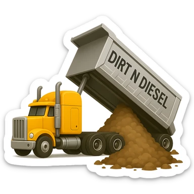 Add dirt pouring out of the silver trailer as it dumps, keep the yellow sleeper semi and the words 'Dirt n Diesel' visible. The style should resemble emoji style look with clear and simple shapes and colors, but use the general editor as emoji style does not support editing. sticker