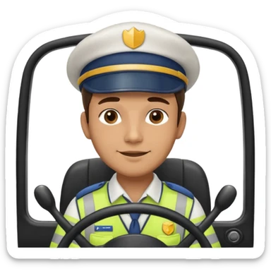 male bus driver, wearing a uniform and cap, friendly expression, sitting in front of a steering wheel sticker