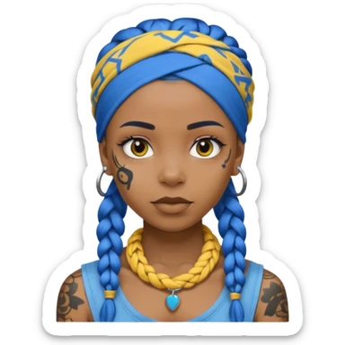 blue braided hair with yellow head bandana and lots of face tattoo black skin girl sticker