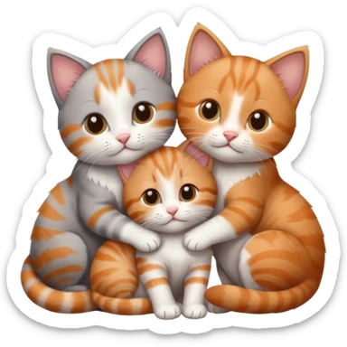 3 kittens cuddling together all different colours, the first one is grey and white, the second is ginger and white and the third is brown tabby and white sticker