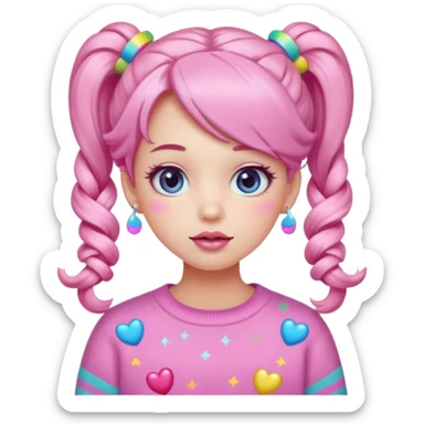 “Emoji girl, pastel pink blush, sparkly wide eyes, glossy bubblegum lips, hair in pigtails with colorful clips, oversized pastel sweater.” sticker