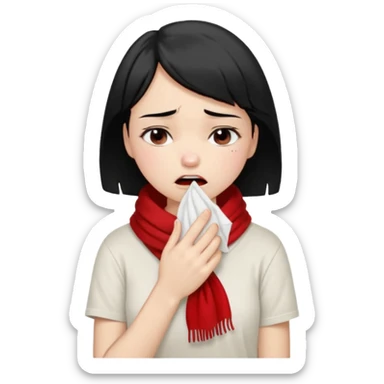 a pretty bratz fair girl crying in a loose oversized off white tshirt and red scarf with short black hair with a tissues in hand sticker