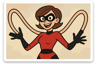 upper body of a cartoon superheroine with elastic arms, wearing a red and black suit, black gloves, and a mask, inspired by animated films sticker