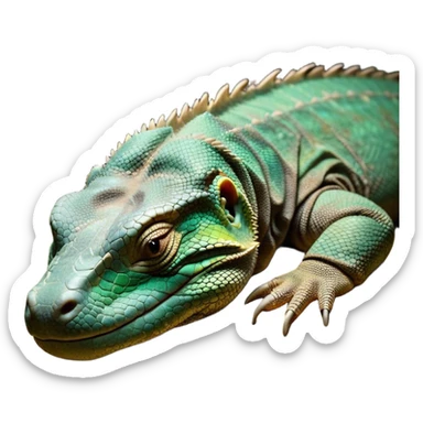 Meme-Worthy cute Sleeping Komodo Dragon Lizard Portrait Emoji, Head resting peacefully with a contented smile, showcasing a rugged, textured form and eyes gently closed in serene slumber, Simplified yet comically adorable features, highly detailed, glowing with a soft, drowsy glow, high shine, relaxed and utterly lovable, stylized with an air of playful laziness, bright and heartwarming, soft glowing outline, capturing the essence of a sleeping ancient guardian that feels destined to become the next viral icon of adorable rest! sticker