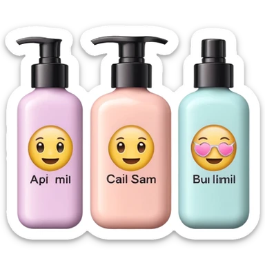 emoji of three different beauty products, with brand labels, minimalistic but luxury design (realistic), pastel colors sticker