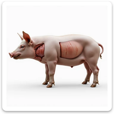 pig in profile view with a transparent anatomical overlay showing the thyroid position in the neck, rest of the body intact, white background, clean educational style, hyperrealistic 4K sticker