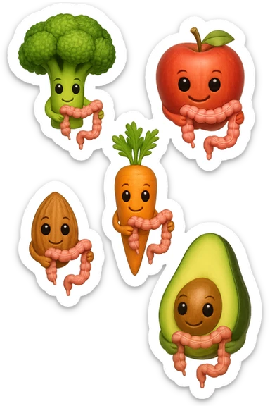 cibo sano fluttua in aria verticalmente stringendo piccoli colon umani, stile emoji iphone, iperrealistico 4k sticker