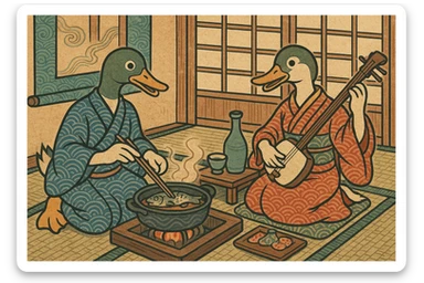 Utagawa Kuniyoshi inspired scene of a male and female duck cooking, drinking wine, and listening to music in a traditional Japanese setting, vibrant, detailed, lively, ukiyo-e style, 4:3 aspect ratio sticker