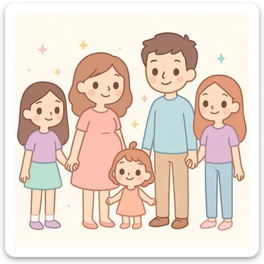 cute illustration of a family: father, pregnant mother, two teenage girls, and a 2-year-old girl, all holding hands sticker