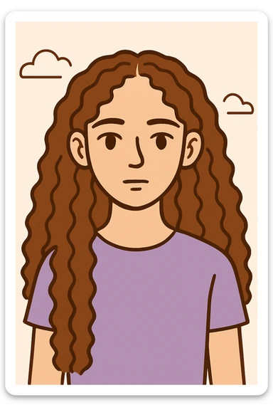 Make the hair much longer, with 3b-3c brown hazelnut curls, keeping the same style and expression, upper body, plain background, in a style consistent with the original images. sticker