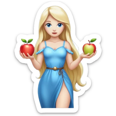 full body woman long blonde hair blue eyes white skin holding glowing apple like forbidden fruit sticker
