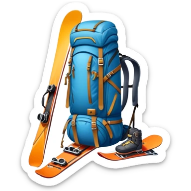 Icon for Mountain Tourism: a snowy peak landscape with skis, a snowboard, climbing equipment, a backpack and a camera. The icon should represent the adventure and excitement of mountain travel and outdoor exploration. Transparent background. sticker