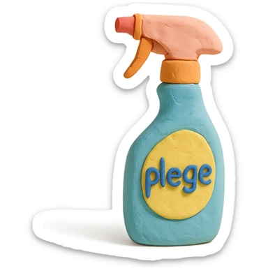 claymation style Pledge-inspired furniture polish bottle with a spray nozzle, playful arrangement, pastel palette sticker