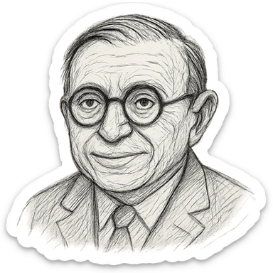 Enhance the Jean-Paul Sartre black outline icon with much more detailed, rich hand-drawn linework to resemble a true drawing rather than a simple icon. Show a neutral smile and keep the round glasses. Use a transparent background. sticker