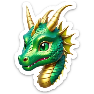 Cinematic Cute Dragon Portrait Emoji, Head tilted playfully and inquisitively, featuring a sleek, serpentine form adorned with iridescent scales that shift between emerald and gold, a delicate set of subtle horns, and round, sparkling eyes full of curious magic; rendered with realistic detail and warm natural light, high shine, affectionate and enchanting, styled with a touch of whimsical fantasy, soft glowing outline, capturing the essence of a mischievous yet lovable dragon that seems poised to slither playfully into your arms! sticker