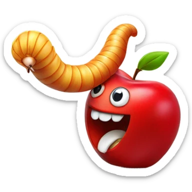 A worm that eats money and on top of an Apple sticker