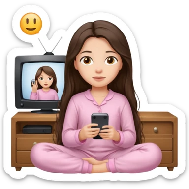 long haired brunette girl hazel eyes in light pink watching tv sticker