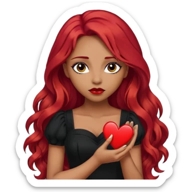 woman with long red hair dark make up olive skin holding a broken heart black dress sticker