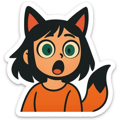 a surprised girl with huge green eyes, black fox ears, and a tail, dark hair sticker