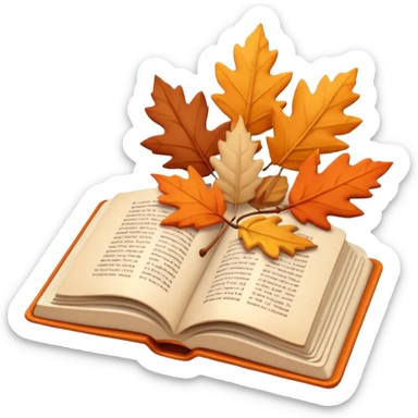 A cute 3D emoji of an open book with autumn leaves around it, cozy fall colors (orange, brown, beige), playful and modern style, glossy finish, minimalistic but expressive, symbolizing a Fall Reading Challenge. sticker