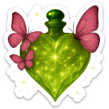 Change only the color of the butterflies to pink. Keep everything else exactly the same: diamond heart bottle with #c0ff53 glitter liquid, magical sparkling dust, transparent background. Maintain the original style and details. sticker