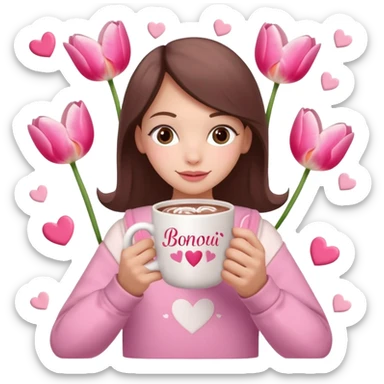 A cozy scene featuring a cup of hot chocolate with the word “Bonjour” written on it, adorned with pink tulips, and held by hands wearing pink sleeves. The scene is decorated with pink hearts and candy canes. sticker