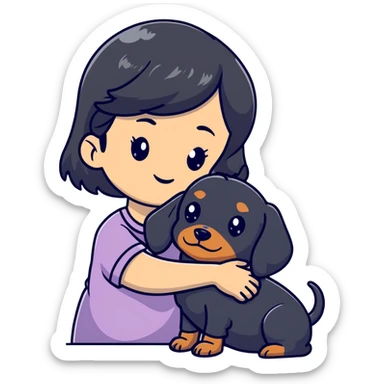 black hair asian girl hugging black dachshund sticker