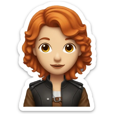 red-haired girl in leather holding a Cavalier sticker