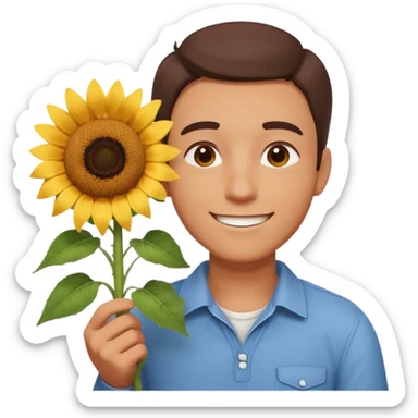 man holding a sunflower portrait, head and shoulders only, gentle smile, sunflower visible in hand, warm positive vibe, 3D cartoon style, mobile game icon style, clean background, no text, no watermark
 sticker