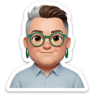 fat queer gender expansive lightskinned person with a double chin and a rounded square face shape assigned female at birth with short brown and silver mullet and green round glasses with almond shaped deep set brown eyes and a slight smile with bold dangly earrings and a button down shirt sticker