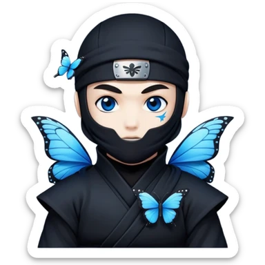 Crea un emoji para usar en WhatsApp con estos dos emoji 🥷🏻🦋.
Ninja vestido de negro con la piel blanca y una mariposa azul posada en su hombro izquierdo como si estuviera volando. sticker