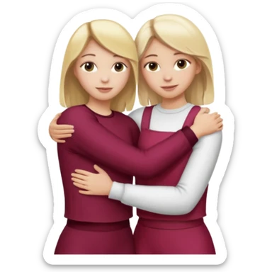 two girls who hug eachother. one has medium blonde hair with blonde highlights and very pale skin , other has medium skintone and blush and blonde hair. girl with medium blonde hair is wearing a white outfit and girl with blonde hair is wearing a burgundy outfit sticker