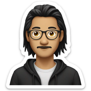Asian Guy with long black hair and round glasses, mustache and black hoodie sticker
