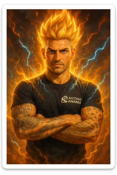 a muscular man with spiky hair stands in a powerful pose, surrounded by a glowing, fiery aura reminiscent of Goku’s Super Saiyan transformation. His eyes are intense and determined, and his body radiates energy and confidence. Lightning bolts and energy waves crackle around him, symbolizing a surge of testosterone and vitality. The background is dramatic, with swirling clouds and vibrant colors. sticker